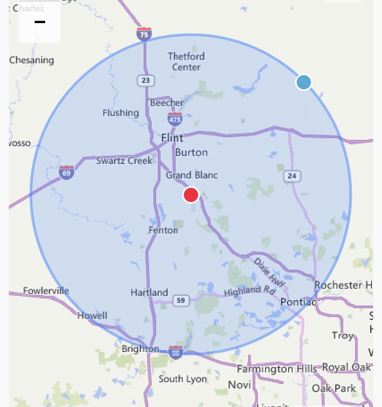 Service area map showing M&N Landscaping's coverage around the Grand Blanc, MI area