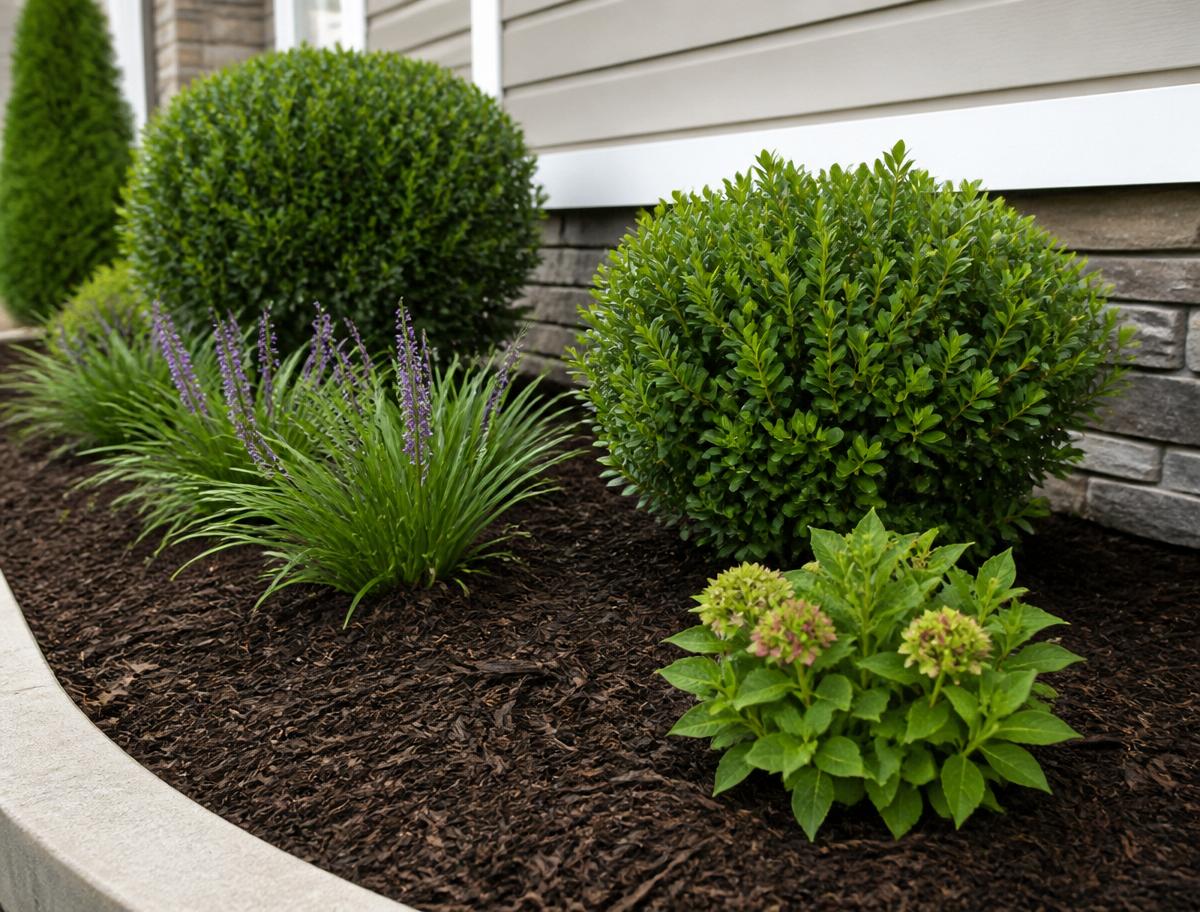 Freshly installed mulch bed with shrubs