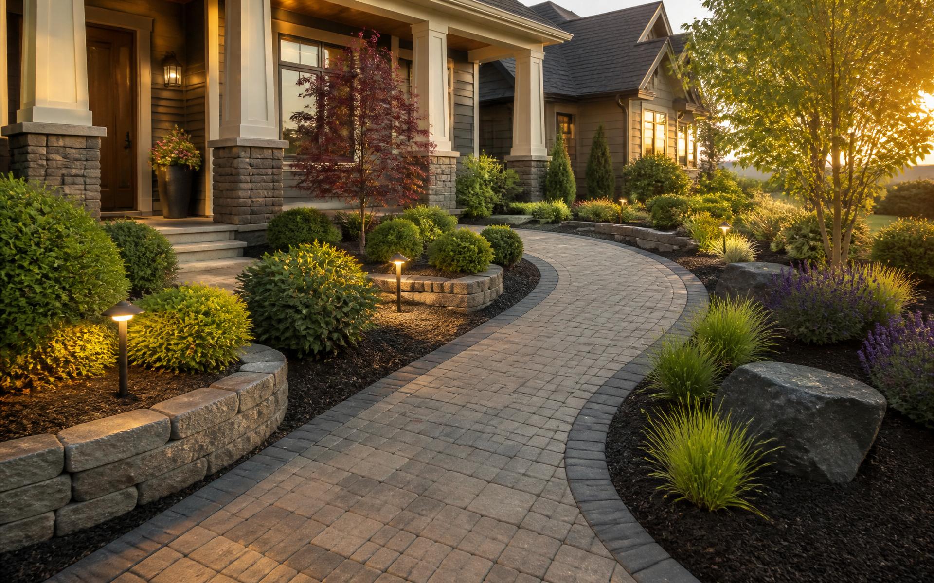 Beautifully landscaped home with stone pathway, mulch beds, and shrubs